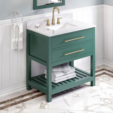 Jeffrey Alexander Wavecrest 36" Free Standing Single Sink Bath Vanity with Marble or Quartz Top and Backsplash - For 3 Hole Faucet - Farmhouse / Coastal Cottage - FINAL SALE Green / White Carrara Marble Top