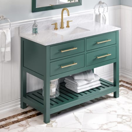 Jeffrey Alexander Wavecrest 48" Free Standing Coastal Cottage Single Sink Soft Close Bath Vanity with Marble or Quartz Top with Backsplash - for 3 Hole Faucet - FINAL SALE Green / White Carrara Marble Top