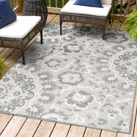 JONATHAN Y Lighting Amalfi Coast 7-3/4' x 10' Polypropylene Botanical, Moroccan & Tribal, and Traditional Indoor/Outdoor Area Rug Light Gray / Ivory