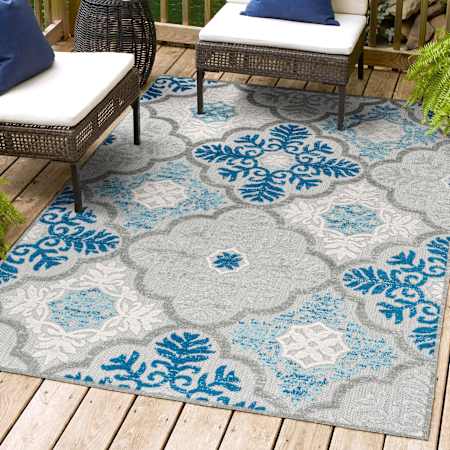 JONATHAN Y Lighting Amalfi Coast 5-1/4' x 7-1/2' Polypropylene Traditional Indoor/Outdoor Area Rug Light Gray / Blue
