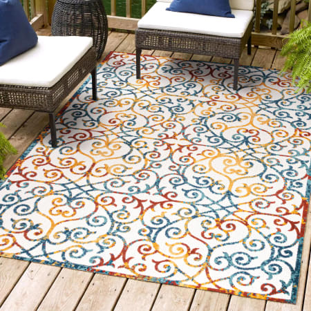 JONATHAN Y Lighting Amalfi Coast 3' x 5' Polypropylene Geometric Indoor / Outdoor Rectangle Area Rug Cream / Blue / Red