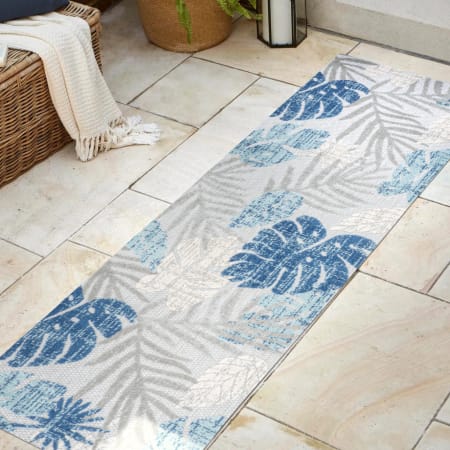JONATHAN Y Lighting 2' x 8' Polypropylene Botanical Indoor/Outdoor Rectangular Area Rug Light Gray / Navy