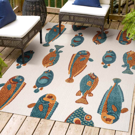 JONATHAN Y Lighting 4' x 6' Polypropylene Fish Print Indoor/Outdoor Rectangular Area Rug Navy / Orange / Cream
