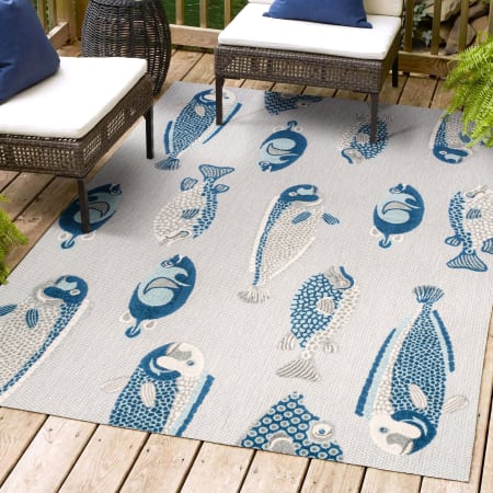 JONATHAN Y Lighting 3' x 5' Polypropylene Fish Print Indoor/Outdoor Rectangular Area Rug Gray / Navy