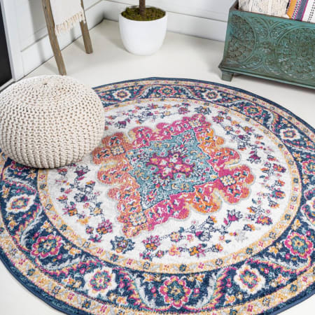 JONATHAN Y Lighting Bohemian Flair 7' x 7' Polypropylene Botanical Indoor Round Area Rug Blue / Multi