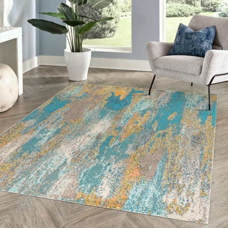 JONATHAN Y Lighting Contemporary POP 3' x 5' Polypropylene Vintage Abstract Rectangle Area Rug Blue / Cream