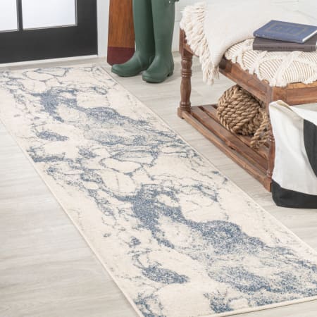 JONATHAN Y Lighting 2' x 8' Polypropylene Abstract Indoor/Outdoor Rectangular Area Rug Blue / Cream
