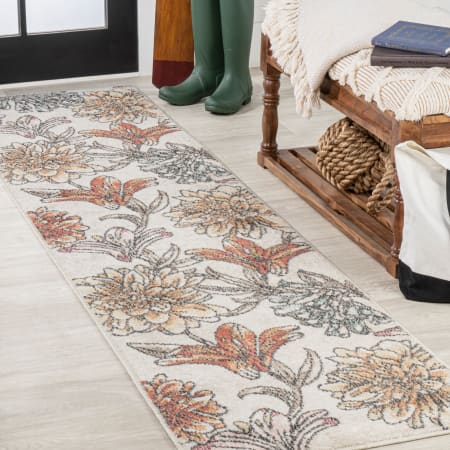JONATHAN Y Lighting 2' x 8' Polypropylene Botanical Indoor/Outdoor Rectangular Area Rug Blue / Orange / Cream