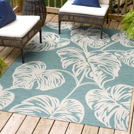 JONATHAN Y Lighting Hawaii 3' x 5' Polypropylene Botanical Indoor/Outdoor Area Rug Blue / Ivory