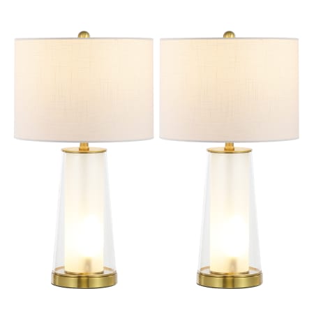 JONATHAN Y Lighting Set of (2) - Tryon 2 Light 26" Tall LED Vase Lamp Set with White Linen Shade Clear / Brass Gold