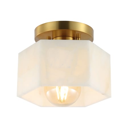 JONATHAN Y Lighting Tessa 8" Wide LED Semi-Flush Ceiling Fixture with Alabaster Shade White Marbling / Brass Gold