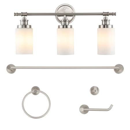JONATHAN Y Lighting Egan 3 Light 23" Wide LED Vanity Light Set with Towel Bar, Towel Ring, Robe Hook, and Toilet Paper Holder Brushed Nickel