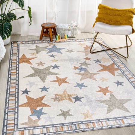 JONATHAN Y Lighting Kids Washable 3-1/4' x 5' Polyester Geometric and Transitional Indoor Area Rug Ivory / Blue / Orange