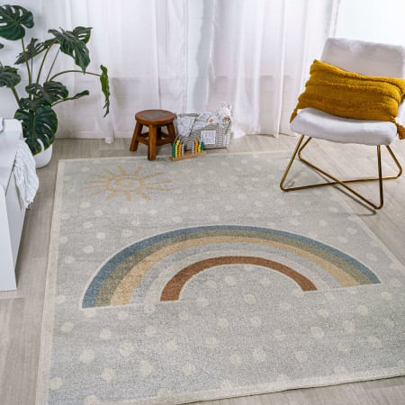 JONATHAN Y Lighting Kids Washable 7-3/4' x 10-1/4' Polyester Geometric and Novelty Indoor Area Rug Gray / Ivory / Yellow