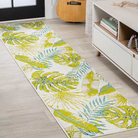 JONATHAN Y Lighting Luxor 2' x 8' Polypropylene Botanical Indoor Runner Ivory / Green