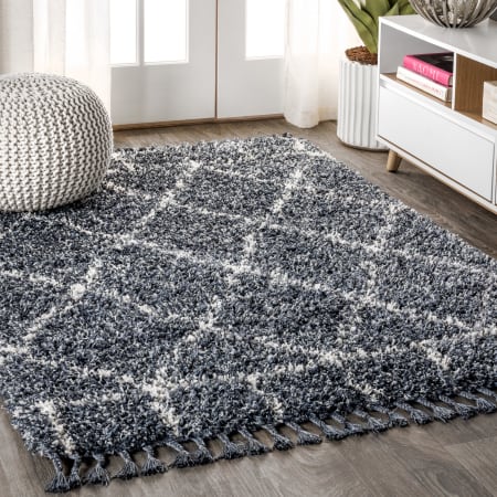 JONATHAN Y Lighting Mercer Shag 5-1/4' x 7-1/2' Shag Polypropylene Vintage Geometric Moroccan / Tribal Rectangle Area Rug Denim Blue / Cream