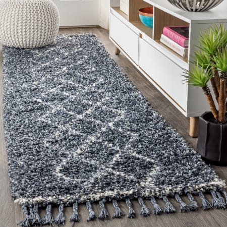 JONATHAN Y Lighting Mercer Shag 2-1/4' x 8' Shag Polypropylene Vintage Geometric Moroccan / Tribal Runner Denim Blue / Cream