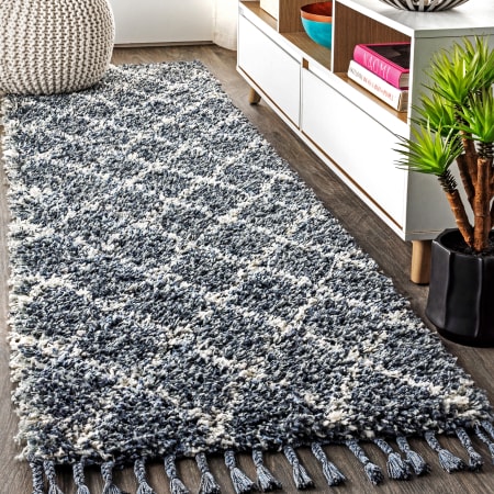 JONATHAN Y Lighting Mercer Shag 2-1/4' x 8' Shag Polypropylene Vintage Geometric Moroccan / Tribal Runner Denim Blue / Cream