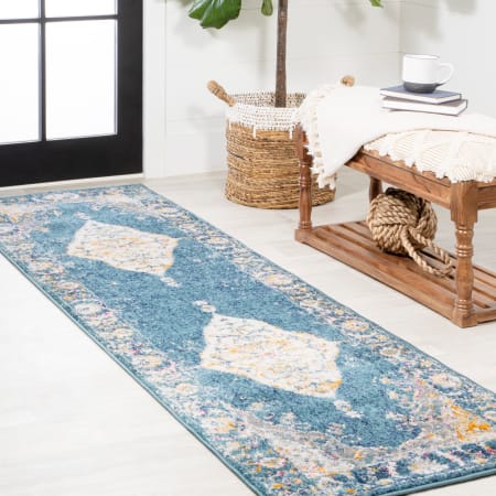 JONATHAN Y Lighting Modern Persian 2-1/4' x 8' Polypropylene Vintage Indoor/Outdoor Area Rug Turquoise / Gray