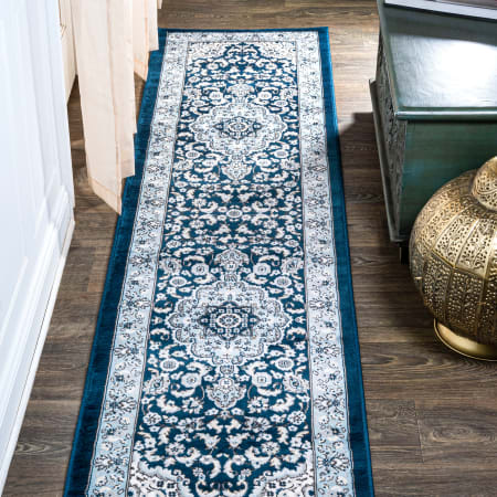 JONATHAN Y Lighting Modern Persian 2' x 8' Polypropylene Border, Botanical, and Geometric Indoor Runner Blue / Navy