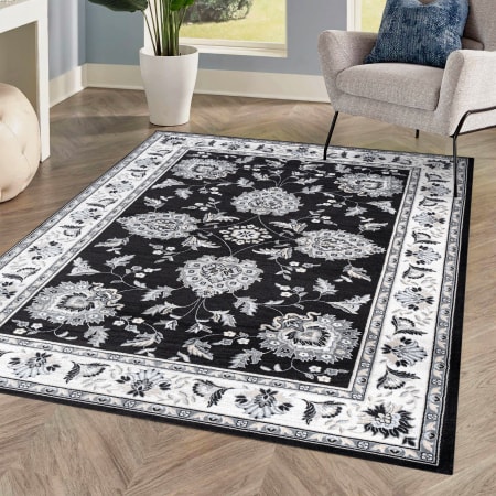 JONATHAN Y Lighting Modern Persian 3' x 5' Polypropylene Botanical, Traditional, and Vintage Indoor Area Rug Black / Cream