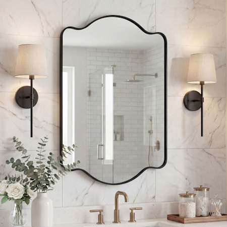 JONATHAN Y Lighting Louisa 24"W x 36"H Arched Flat Metal Framed Wall Mounted Bathroom Mirror Black