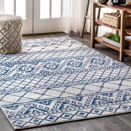JONATHAN Y Lighting Moroccan HYPE 4' x 6' Polypropylene Vintage Geometric Moroccan / Tribal Rectangle Area Rug Cream / Blue