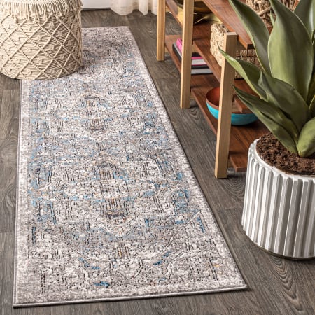 JONATHAN Y Lighting Restored Vintage 2-1/4' x 8' Polyester Vintage Traditional Runner Gray / Mustard / Turquoise