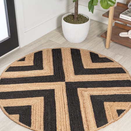 JONATHAN Y Lighting Ansa Collection 4' x 4' Jute Power Loomed Abstract, Chevron, Striped Indoor Area Rug Black / Natural