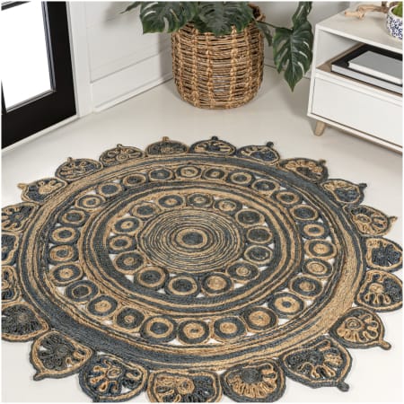 JONATHAN Y Lighting Ansa Collection 5' x 5' Jute Geometric Indoor Round Area Rug Blue / Natural