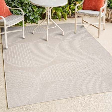 JONATHAN Y Lighting Scandinavian 7-3/4' x 10' Striped and Geometric Indoor/Outdoor Rectangular Area Rug with High-Low Design Ivory / Cream