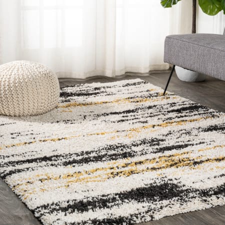 JONATHAN Y Lighting London Shag 4' x 6' Shag Polypropylene Abstract and Moroccan & Tribal Indoor Area Rug Beige / Black / Yellow