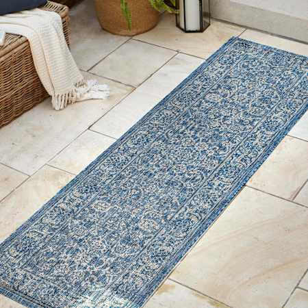 JONATHAN Y Lighting Santa Monica 2-1/4' x 8' Polypropylene Border and Botanical Indoor/Outdoor Runner Navy / Gray