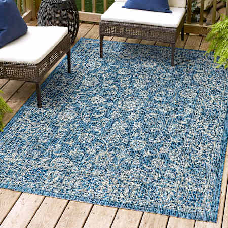 JONATHAN Y Lighting Santa Monica 9' x 12' Polypropylene Botanical, Traditional, and Vintage Indoor/Outdoor Area Rug Navy / Gray
