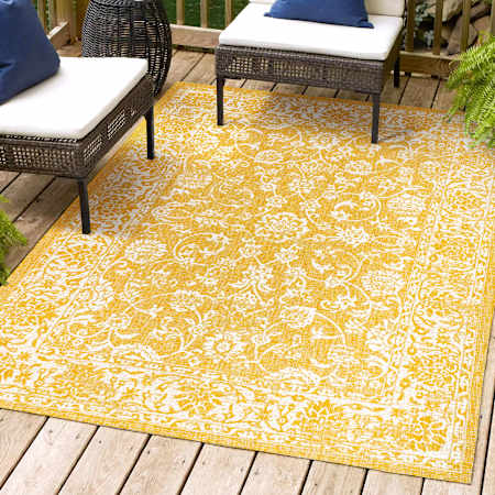 JONATHAN Y Lighting Santa Monica 4' x 6' Polypropylene Abstract, Border, Botanical, and Geometric Indoor/Outdoor Rectangular Area Rug Yellow / Cream