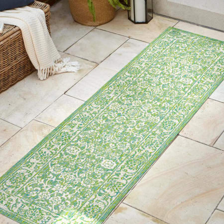 JONATHAN Y Lighting Santa Monica 2-1/4' x 8' Polypropylene Border and Botanical Indoor/Outdoor Runner Cream / Green