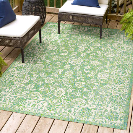 JONATHAN Y Lighting Santa Monica 5-1/4' x 7-1/2' Polypropylene Abstract, Border, Botanical, and Geometric Indoor/Outdoor Rectangular Area Rug Cream / Green