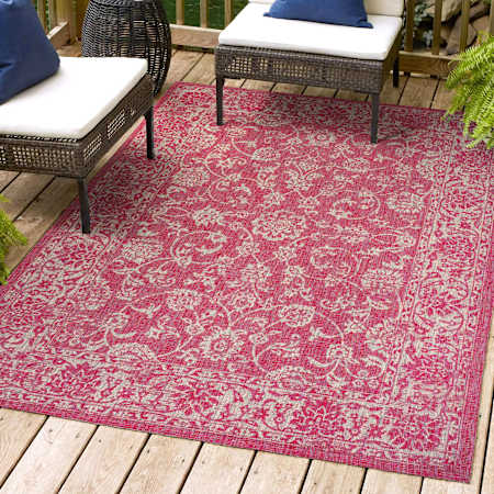 JONATHAN Y Lighting Santa Monica 3' x 5' Polypropylene Abstract, Border, Botanical, and Geometric Indoor/Outdoor Rectangular Area Rug Fuchsia / Light Gray