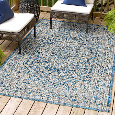 JONATHAN Y Lighting Santa Monica 5-1/4' x 7-1/2' Polypropylene Abstract, Border, and Geometric Indoor/Outdoor Rectangular Area Rug Navy / Gray