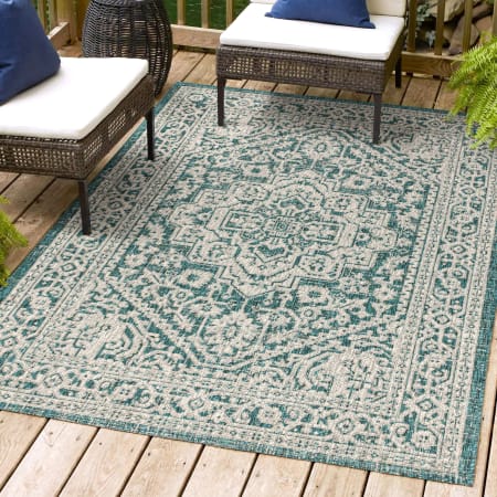 JONATHAN Y Lighting Santa Monica 7-3/4' x 10' Polypropylene Abstract, Border, and Geometric Indoor/Outdoor Rectangular Area Rug Blue / Gray