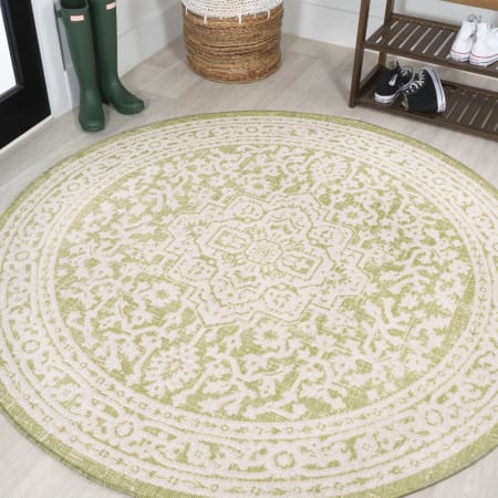 JONATHAN Y Lighting 5' Polypropylene Bohemian Indoor/Outdoor Round Area Rug Green / Cream