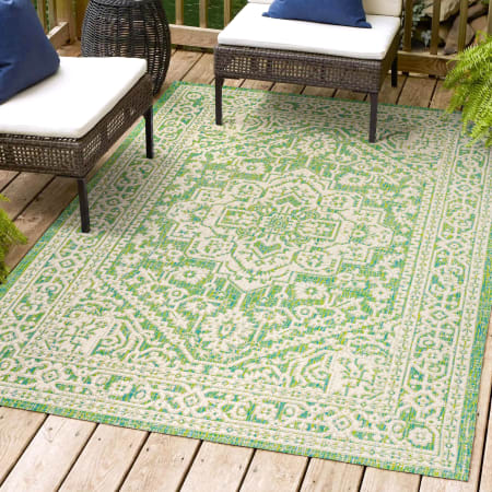 JONATHAN Y Lighting Santa Monica 9' x 12' Polypropylene Botanical, Traditional, and Vintage Indoor/Outdoor Area Rug Cream / Green