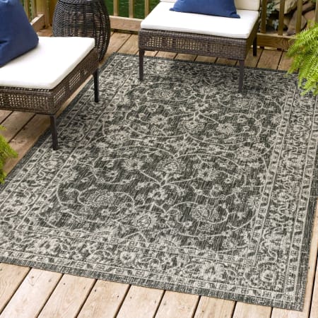 JONATHAN Y Lighting Santa Monica 9' x 12' Polypropylene Botanical, Traditional, and Vintage Indoor/Outdoor Area Rug Black / Gray