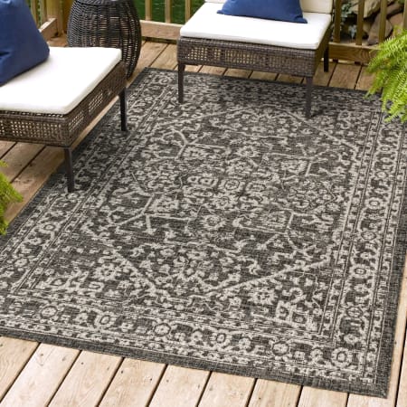 JONATHAN Y Lighting Santa Monica 3' x 5' Polypropylene Abstract, Border, and Geometric Indoor/Outdoor Rectangular Area Rug Black / Gray
