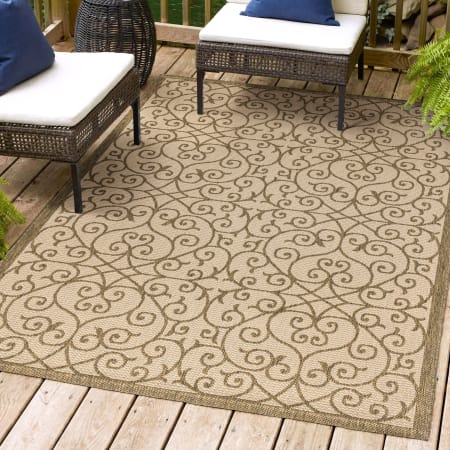 JONATHAN Y Lighting Santa Monica 4' x 6' Polypropylene Border and Geometric Indoor/Outdoor Rectangular Area Rug Beige / Brown