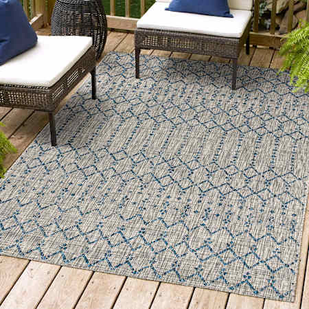JONATHAN Y Lighting Santa Monica 7-3/4' x 10' Polypropylene Moroccan & Tribal, Southwestern, and Trellis Indoor/Outdoor Rectangular Area Rug Light Gray / Navy