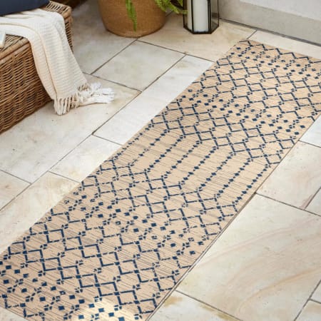 JONATHAN Y Lighting 2' x 8' Polypropylene Moroccan Indoor/Outdoor Rectangular Area Rug Beige / Navy