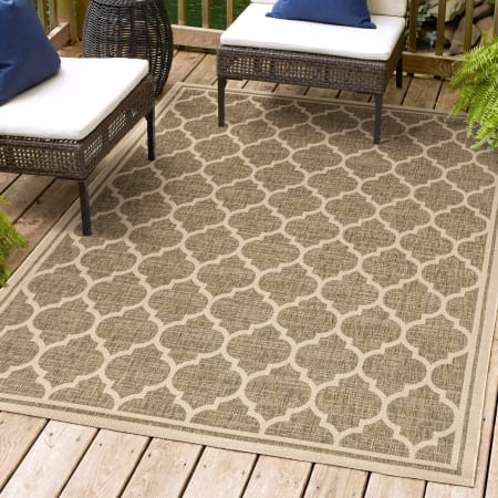 JONATHAN Y Lighting Santa Monica 7-3/4' x 10' Polypropylene Border, Geometric, and Trellis Indoor/Outdoor Rectangular Area Rug Brown / Beige