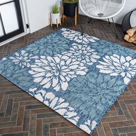 JONATHAN Y Lighting Santa Monica 6-1/2' x 6-1/2' Polypropylene Flowers Indoor / Outdoor Square Area Rug Navy / Aqua