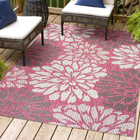 JONATHAN Y Lighting Santa Monica 7-3/4' x 10' Polypropylene Botanical Indoor/Outdoor Rectangular Area Rug Fuchsia / Light Gray